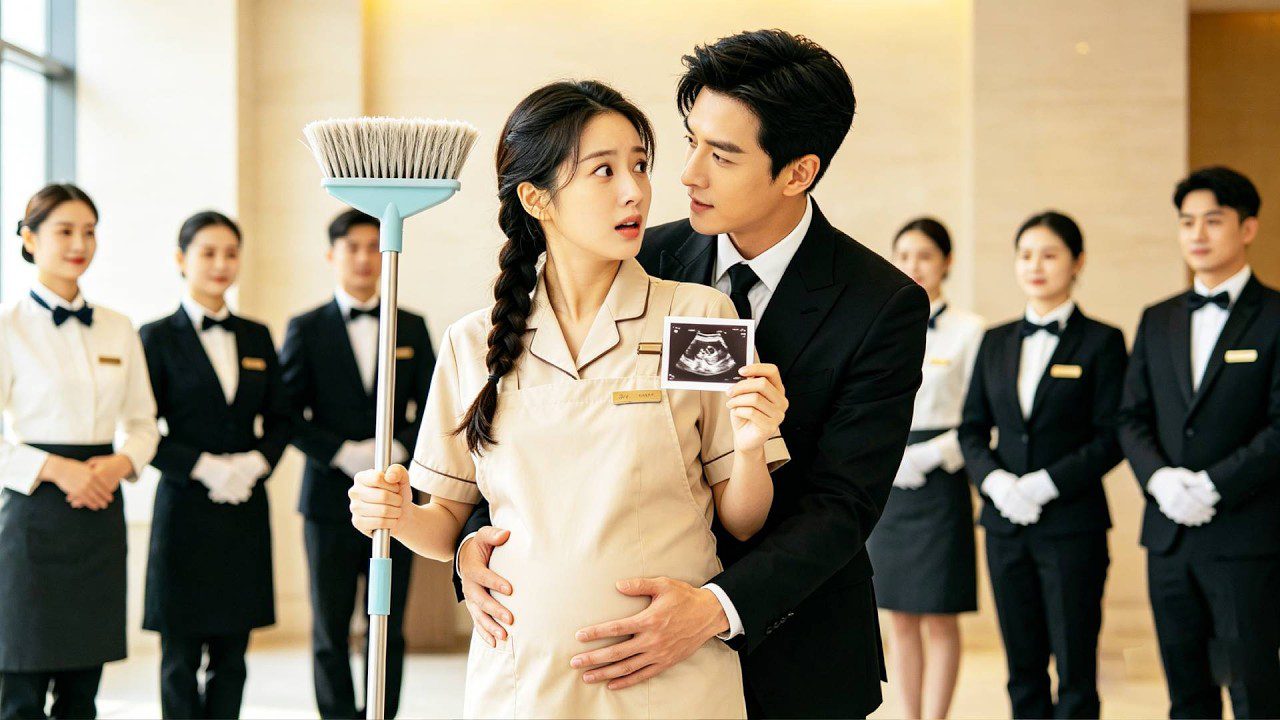 Pregnant hotel cleaner laikosi užpildo šluotos, vyras kostiumu glosto pilvą ir laiko ultragarsą, fojė darbuotojai stoja už jų