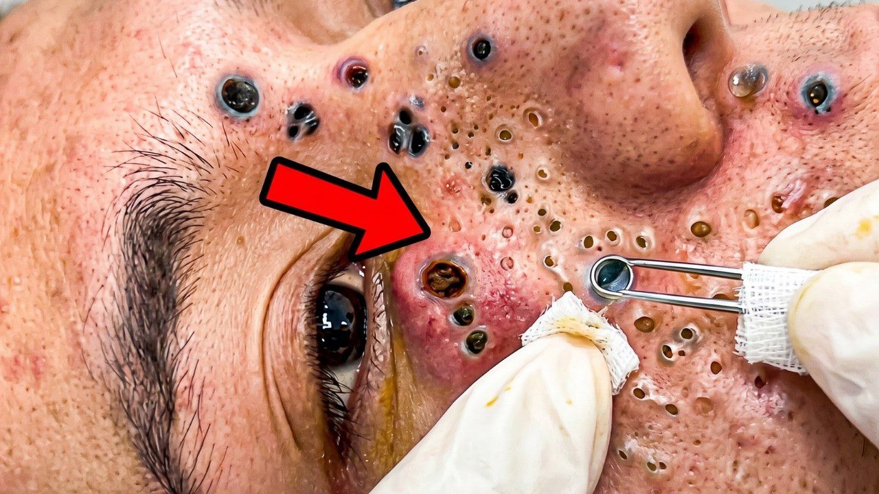 Veido arti: dermatologas spaudžia užaugusį užsikimšusį inkštirą šalia akies, matomi išspaustos odos poros