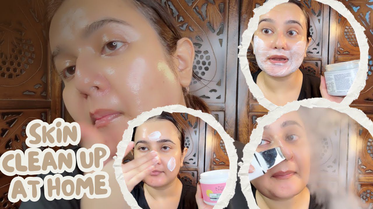 Moteris demonstruoja veido valymo procedūrą namuose, tepanti kaukę ir garindama odą
