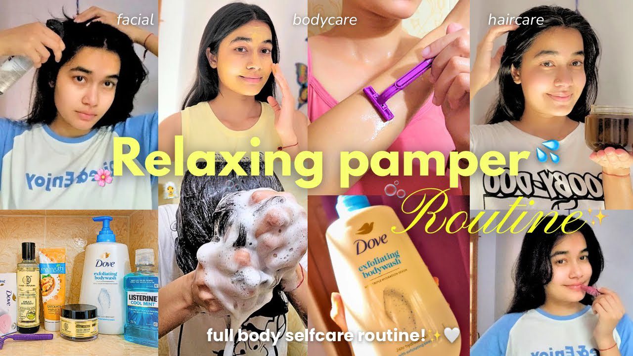 Jauna moteris atliekanti veido, plaukų ir kūno priežiūros rutiną su Dove priemonėmis ir skutimu