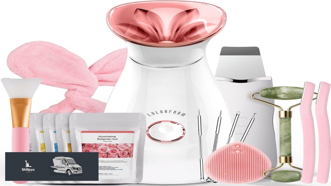 Veido garų inhaliatorius ir įvairūs rožiniai odos priežiūros įrankiai: volelis, kaukės, šepetėlis.