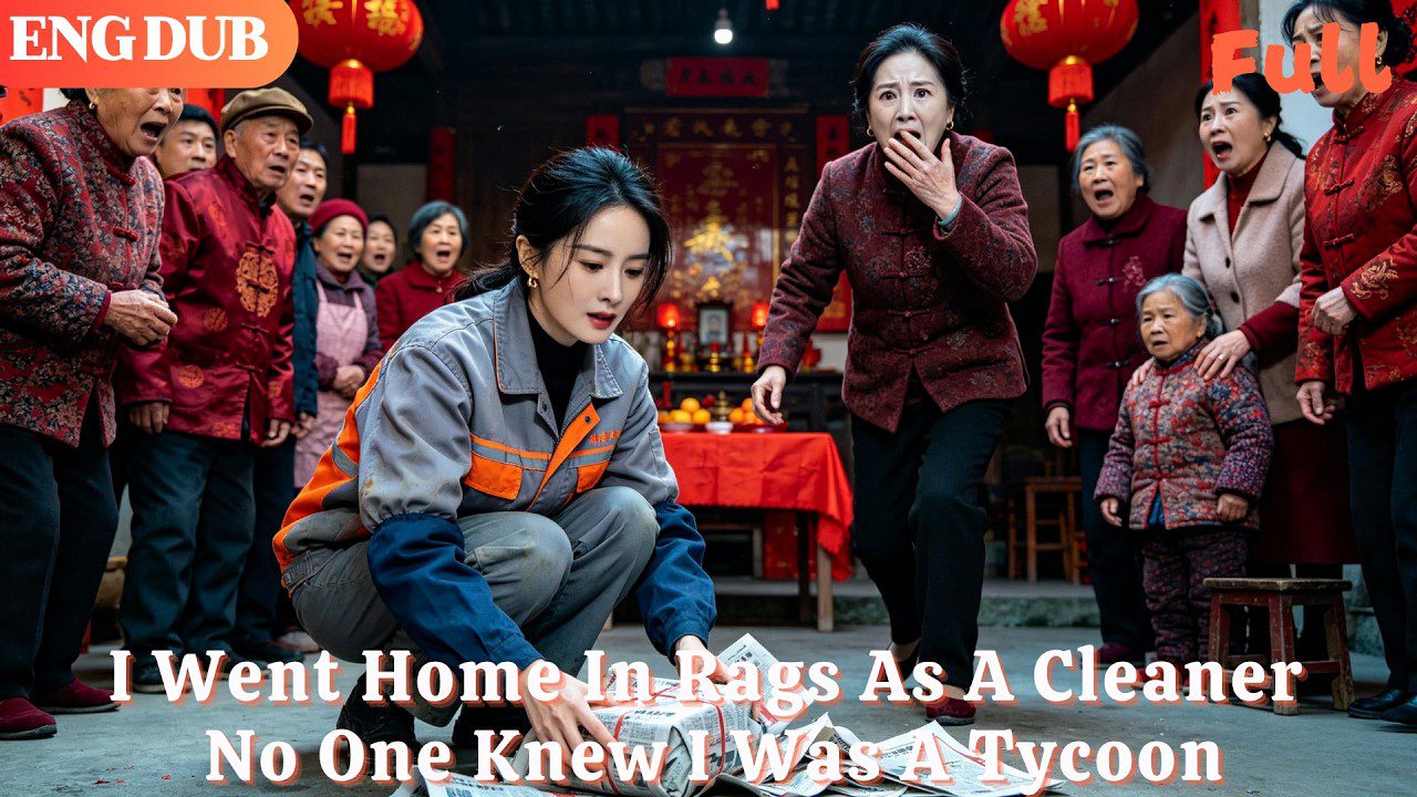 Jauna moteris valytojos rūbais renka daiktus, aplink susirinkusi nustebusi kinų šeima.