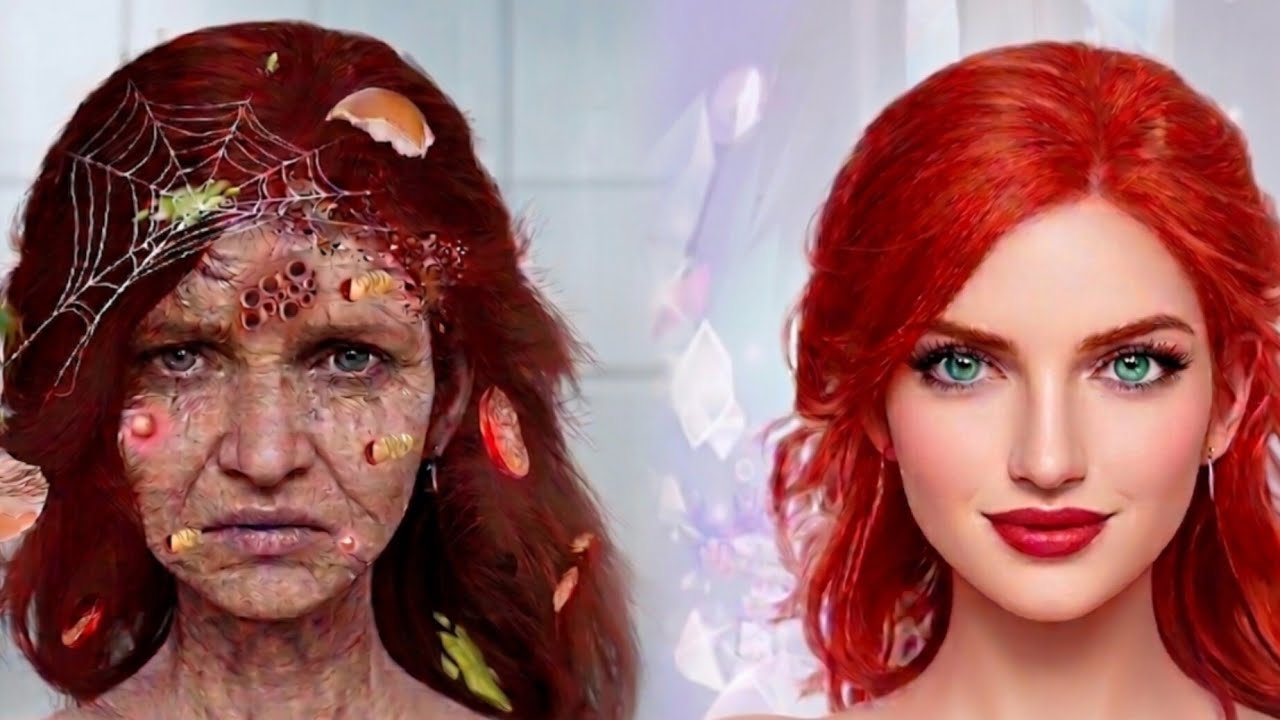 kairėje sudėvėta, odos pažeidimų turinti raudonplaukė, dešinėje – jaunatviška raudonplaukė gražiu veidu