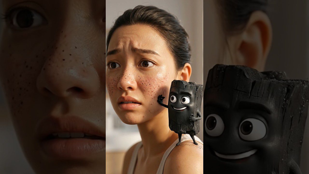 Jauna moteris su spuogų šveitiklio dalelėmis ant veido ir šypsantis juodas kempinės personažas ant peties