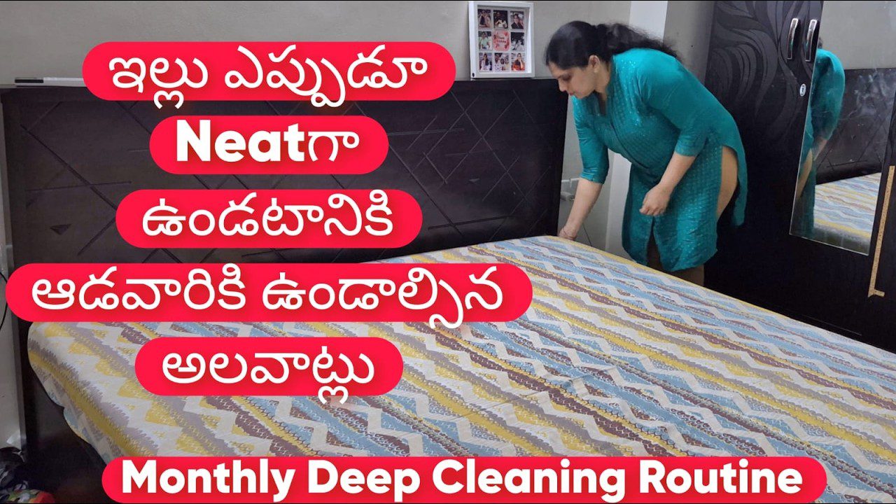 Moteris užtiesia lovą miegamajame, šalia užrašas apie mėnesinį giluminį valymą ir tvarką