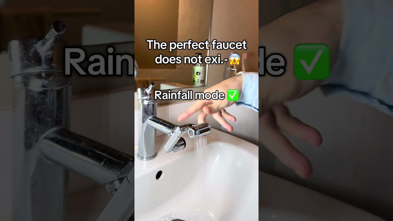 Chromuotas kriauklės maišytuvas leidžia plonas „lietaus“ vandens sroveles, užrašas „Rainfall mode“.