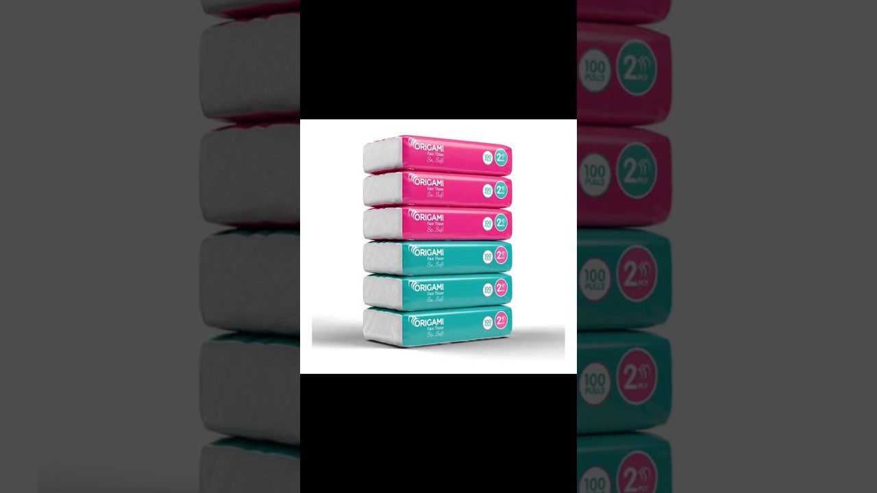 Šeši suslėgti popierinių servetėlių pakeliai, trys rožiniai ir trys žali.