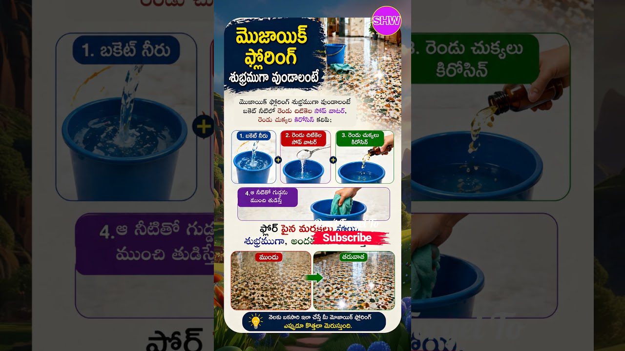 Mėlynas kibiras, pilamas vanduo, lašinamas valiklis ir šluostė grindims plauti, prieš ir po rezultatai