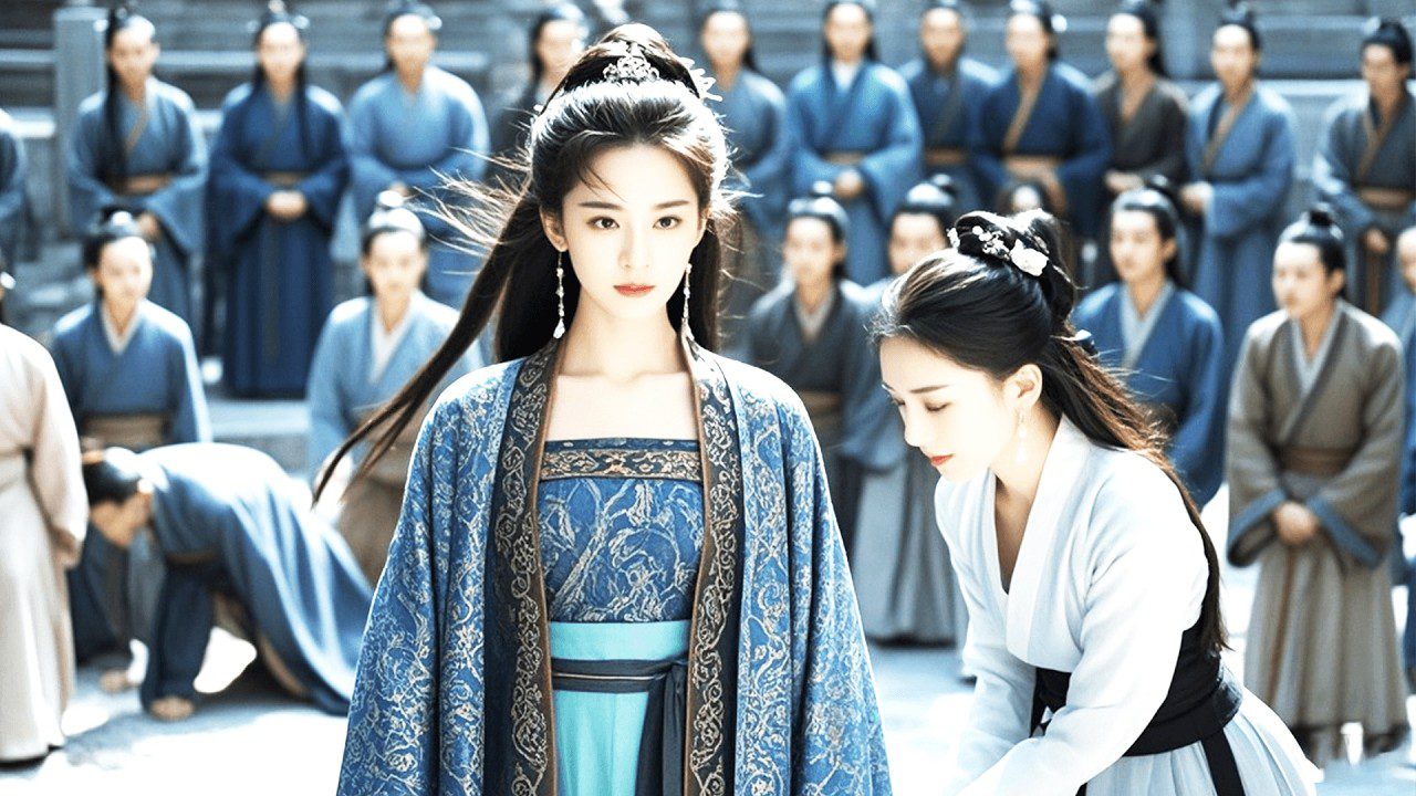 Jauna moteris tradicine mėlyna kinų drapanė stovinti, šalia padedanti moteris, kiti žmonės fone.