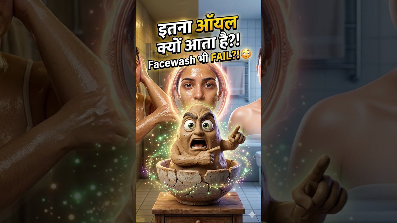 Moteris vonioje žiūri į kamerą, priekyje piktas molio gabalas su užrašu hindi ir angliškai apie veido plovimą.