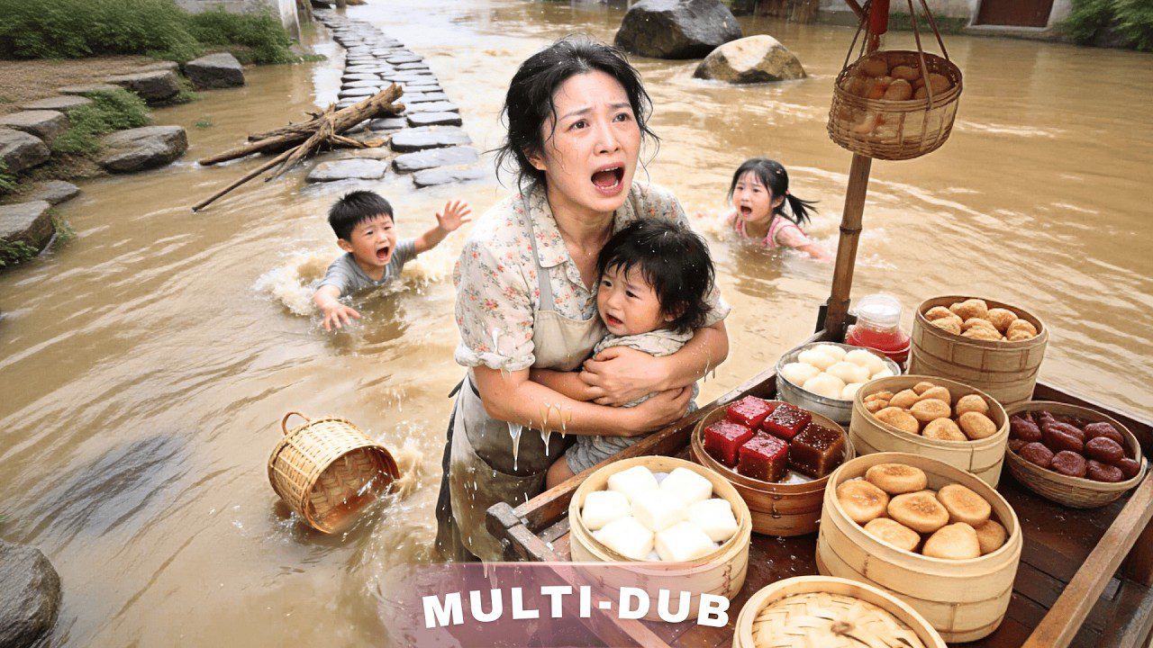 Motina laikanti vaiką potvynio vandenyje prie išmėtytų maisto krepšių ir bandelių