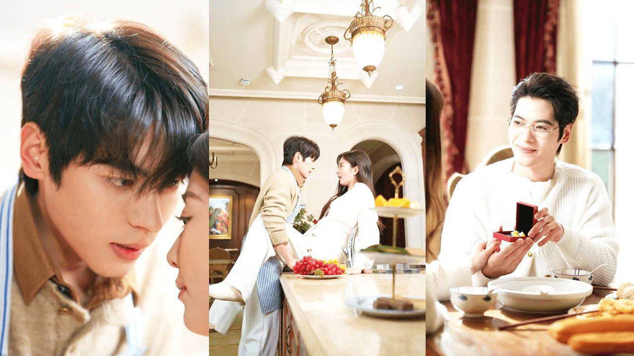 Jauna pora virtuvėje romantiškai žvelgia vienas į kitą, vyras siūlo žiedą prie pusryčių stalo.