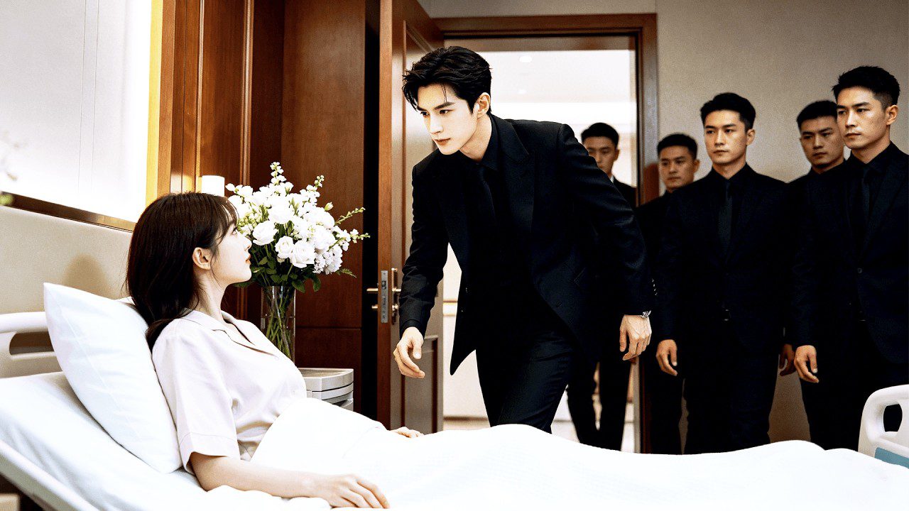 Moteris ligoninėje lovoje žiūri į kostiumuotą vyrą su apsauga, stovintį prie lovos