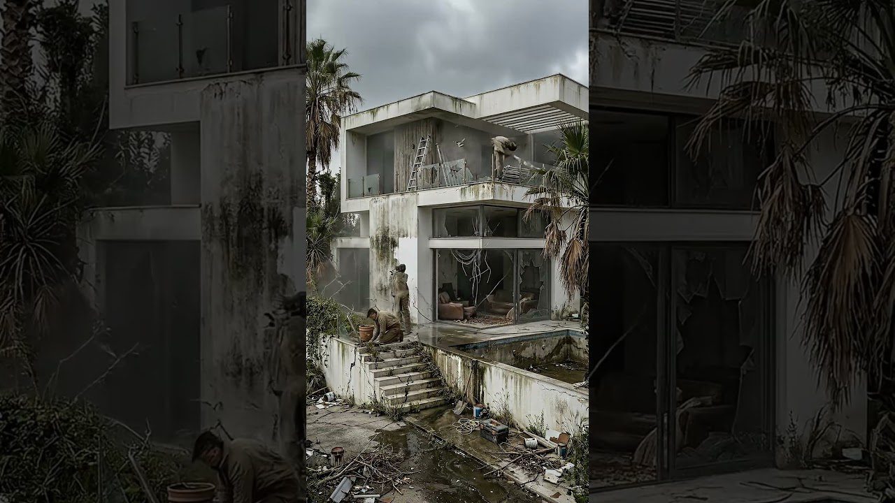 Apleista, apaugusi vila su užterštu baseinu ir dviem žmonėmis tvarkančiais terasą