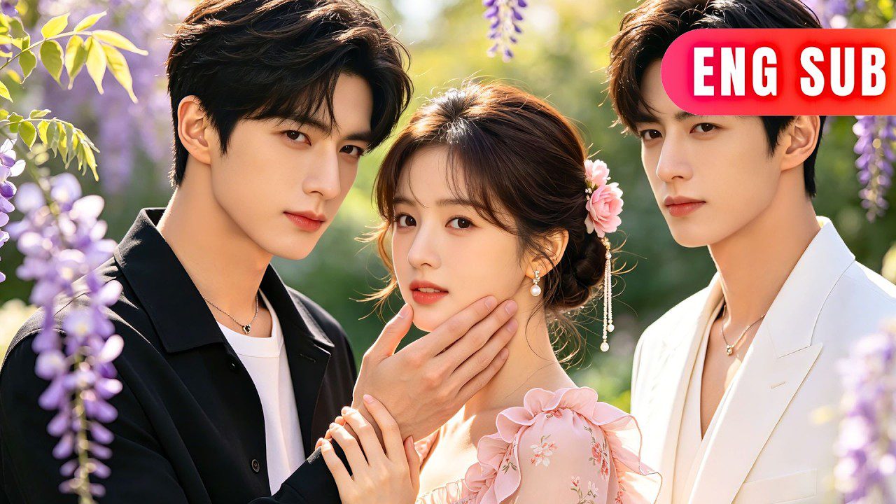 Jauna moteris su gėle plaukuose tarp dviejų vyrų, vienas vyras jos žandą švelniai laiko.