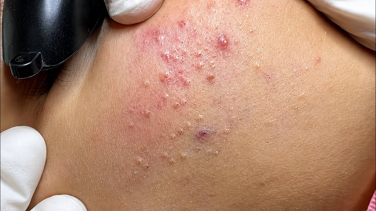 Veido šoninės dalies oda su uždegiminiais spuogais ir baltais inkštirais.