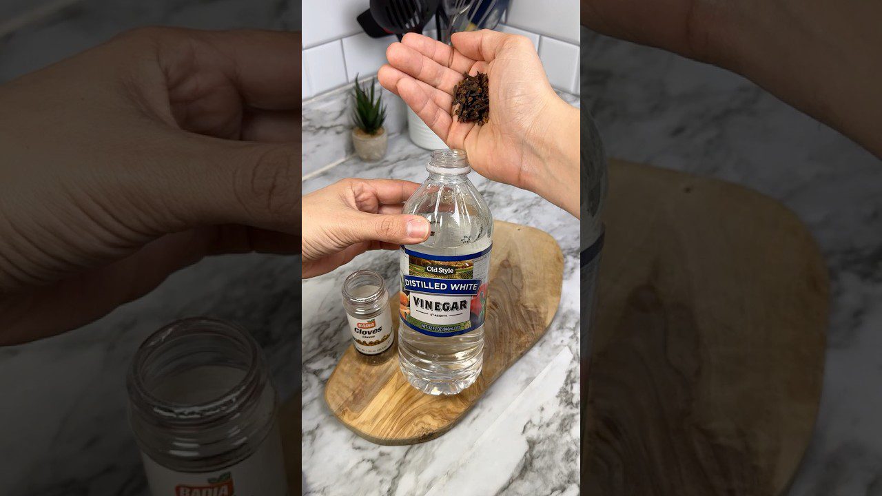 Rankos pilsto gvazdikėlius į butelį su baltuoju actu virtuvės stalviršyje.