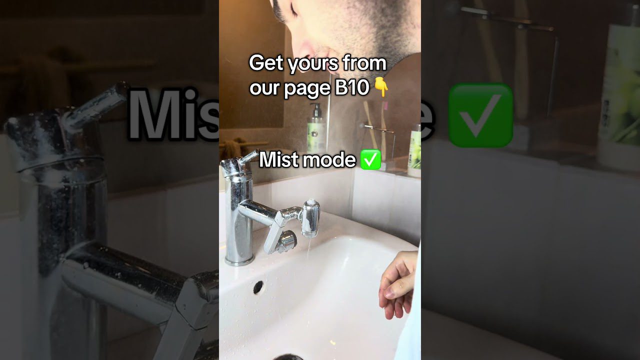 Vyras ranka prie kriauklės čiaupo, ant stiklo užrašas „Mist mode“ ir rodyklė į B10 puslapį