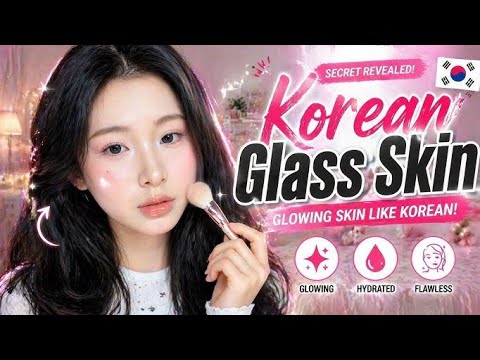 Jaunos moters makiažas, rodantis švytinčią "glass skin" korėjietišką odą.