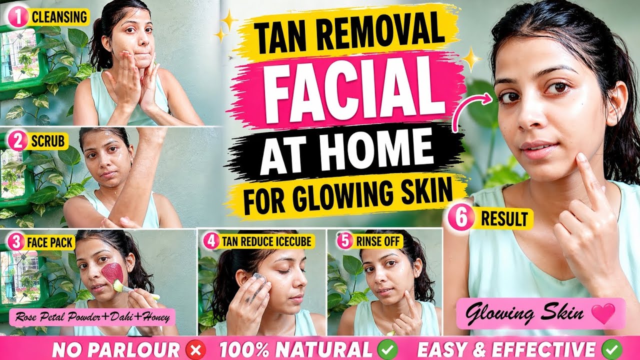 moteris demonstruoja namų veido procedūrą: valymas, šveitimas, kaukė, ledo trynimas, rezultatas