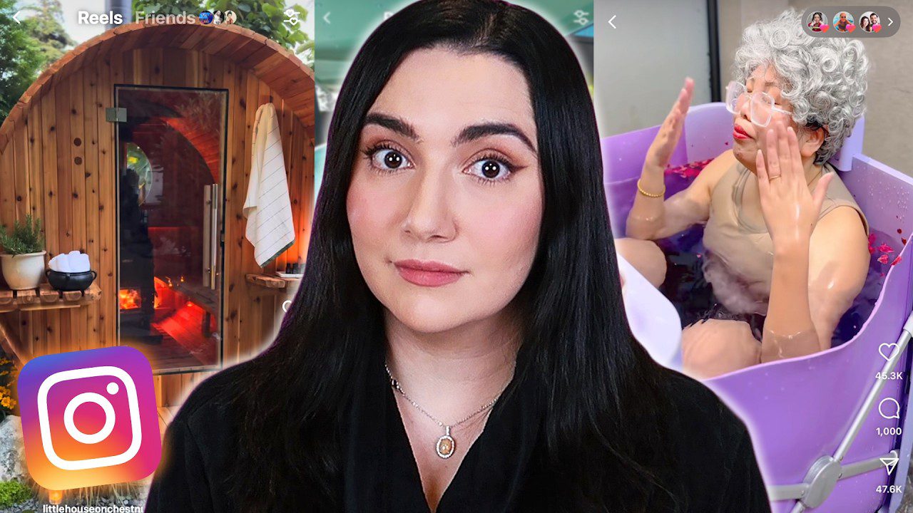 Jauna moteris centre, kairėje medinė pirtelė, dešinėje senjorė vonioje su putomis.