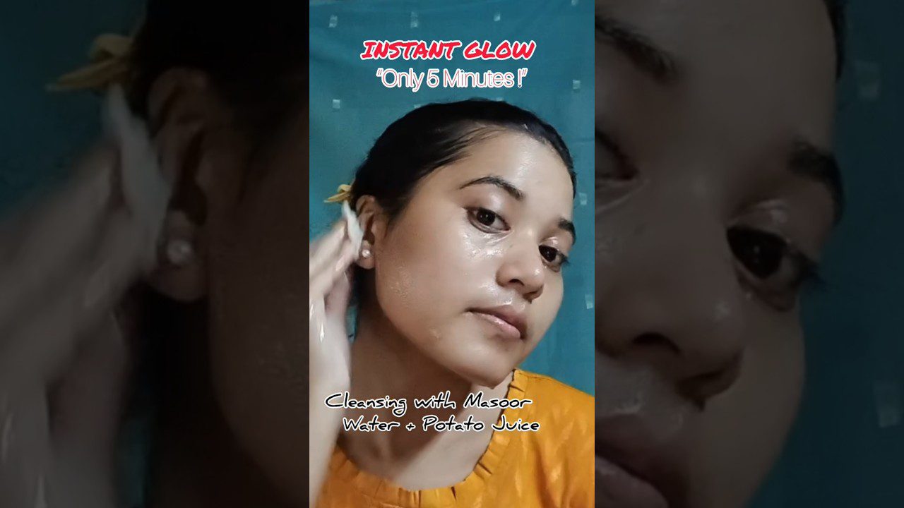 Moteris tepasi veidą šviesinančiu mišiniu, užraše „Instant Glow“ ir „Only 5 Minutes“.