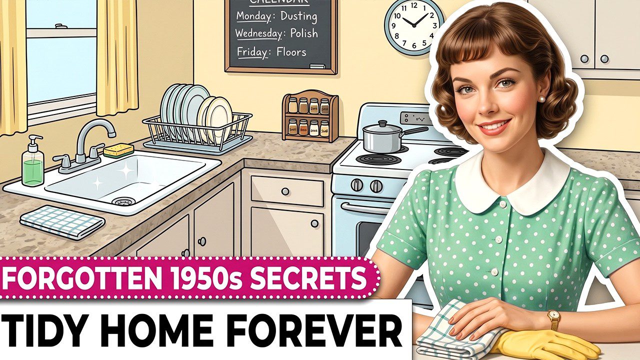 Retro stilinga moteris virtuvėje su šluoste, švarus kriauklės ir viryklės fonas, užrašas "Tidy Home Forever"