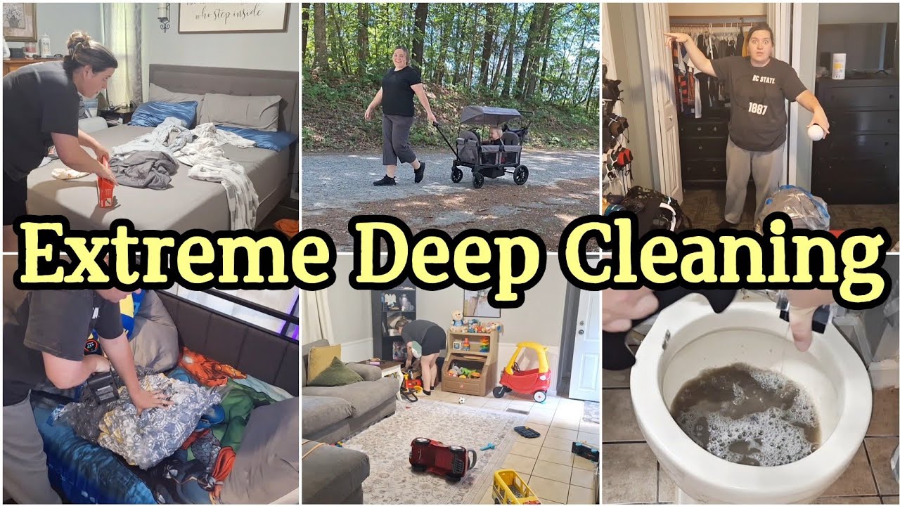 Moters valymas ir vaiko vežimėlis miške, pusė namų išrikiuota tvarkymui, tekstas „Extreme Deep Cleaning“ pagalvėje