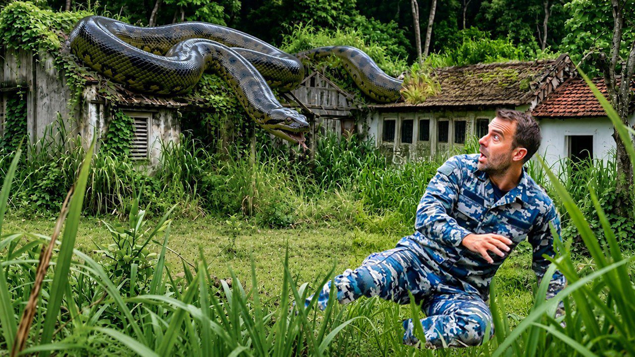 Vyras kamufliažine uniforme stovi ant žolės priešais milžinišką pitoną