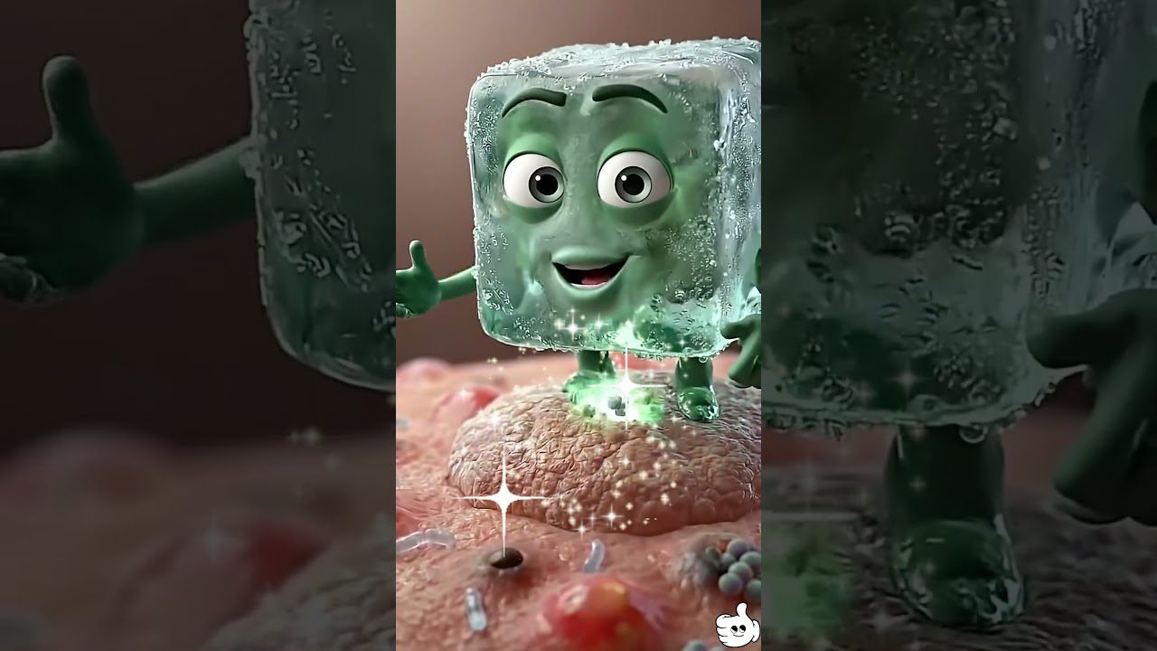 Žalias animuotas ledo kubas su veidu stovi ant odos paviršiaus, blizga