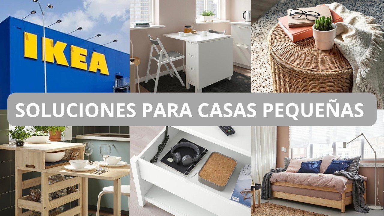 IKEA logotipas ir baldų idėjos mažoms erdvėms su tekstu „Sprendimai mažoms namams“