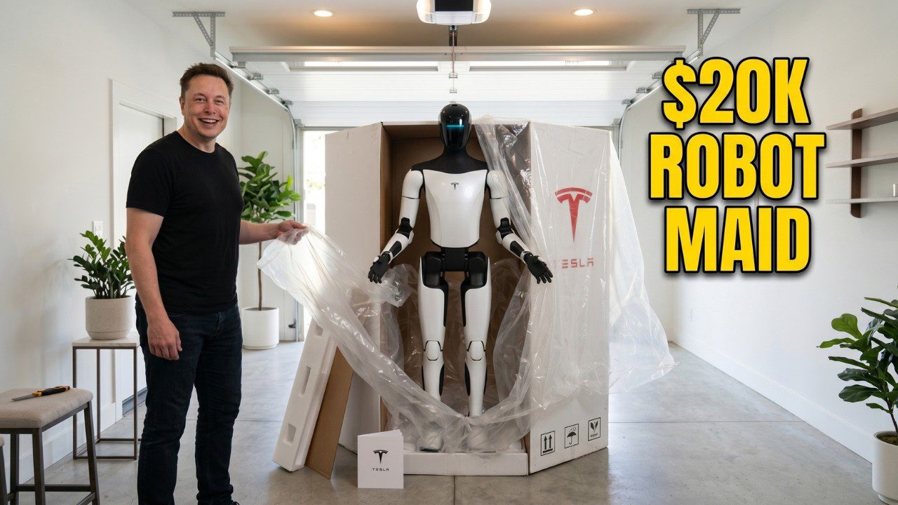 Vyras atidengia baltą humanoidinį Tesla robotą garaže, ant dėžės užrašas "$20K ROBOT MAID"