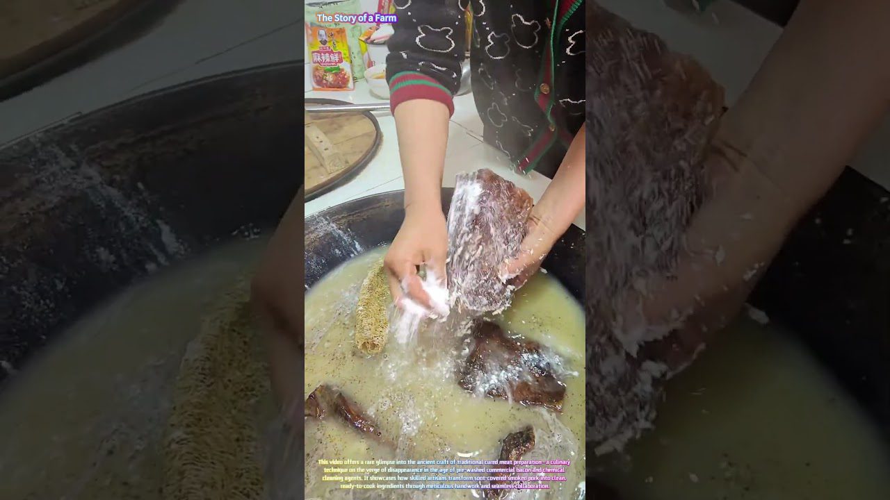 Žiūrėkite, kaip įgudęs virėjas tobulai nuvalo rūkyta šonine natūraliu lufa! 🥓🧽↓