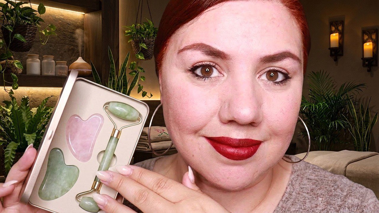 Moteris laiko žalią veido volelį ir rausvą gua sha akmenį ramiame spa fone