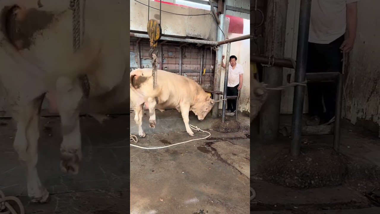Balta jautiena pakabinta ant krano šalia vyro fermos tvarto patalpoje.