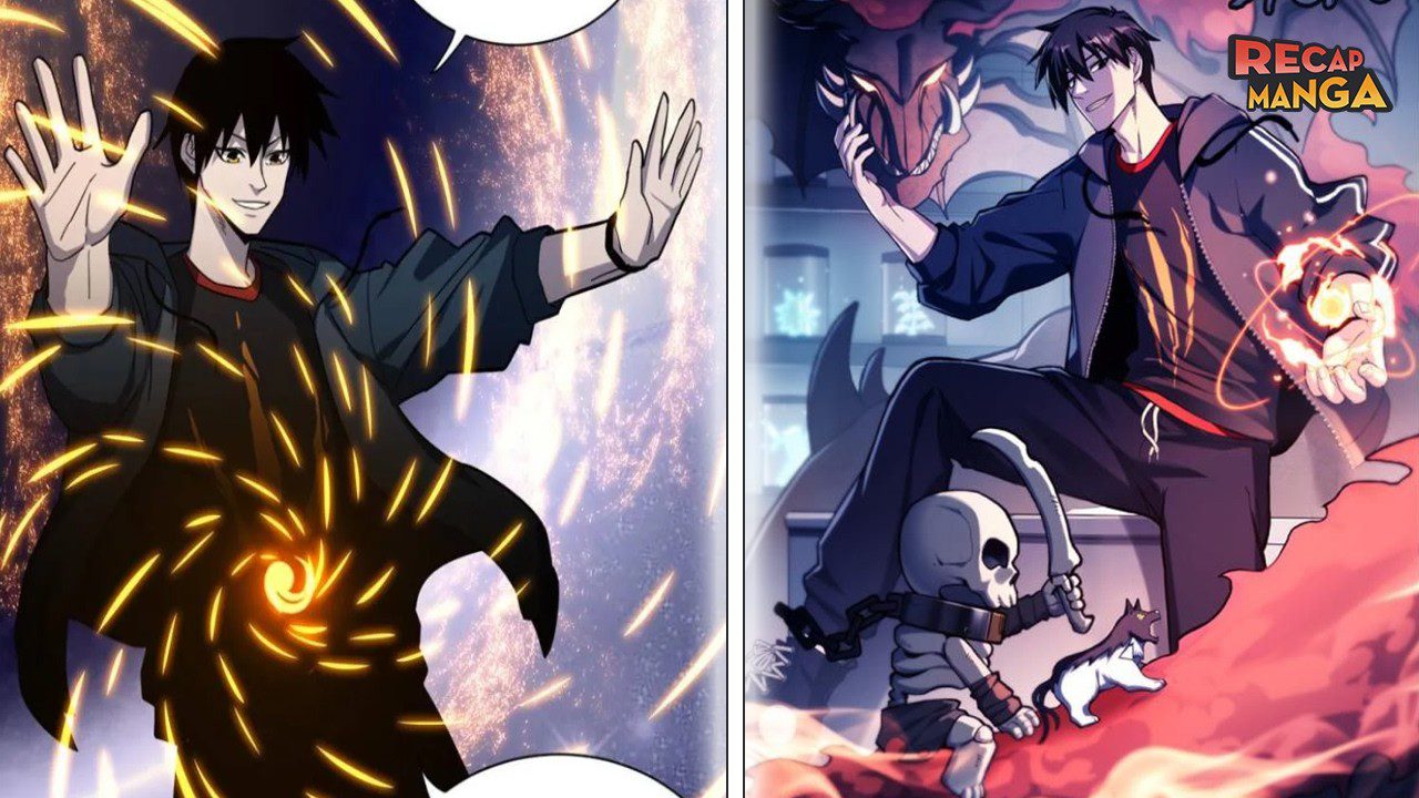 Jaunas vyras manga stiliaus scenoje valdo švytinčią magiją, aplinkui skeletas ir drakonas.