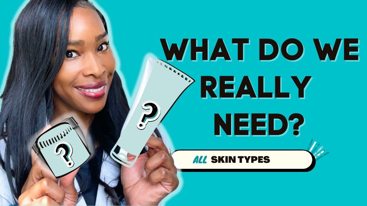 Moteris laiko odos priežiūros kremus, šalia užrašas „What do we really need?“ ir „All skin types“