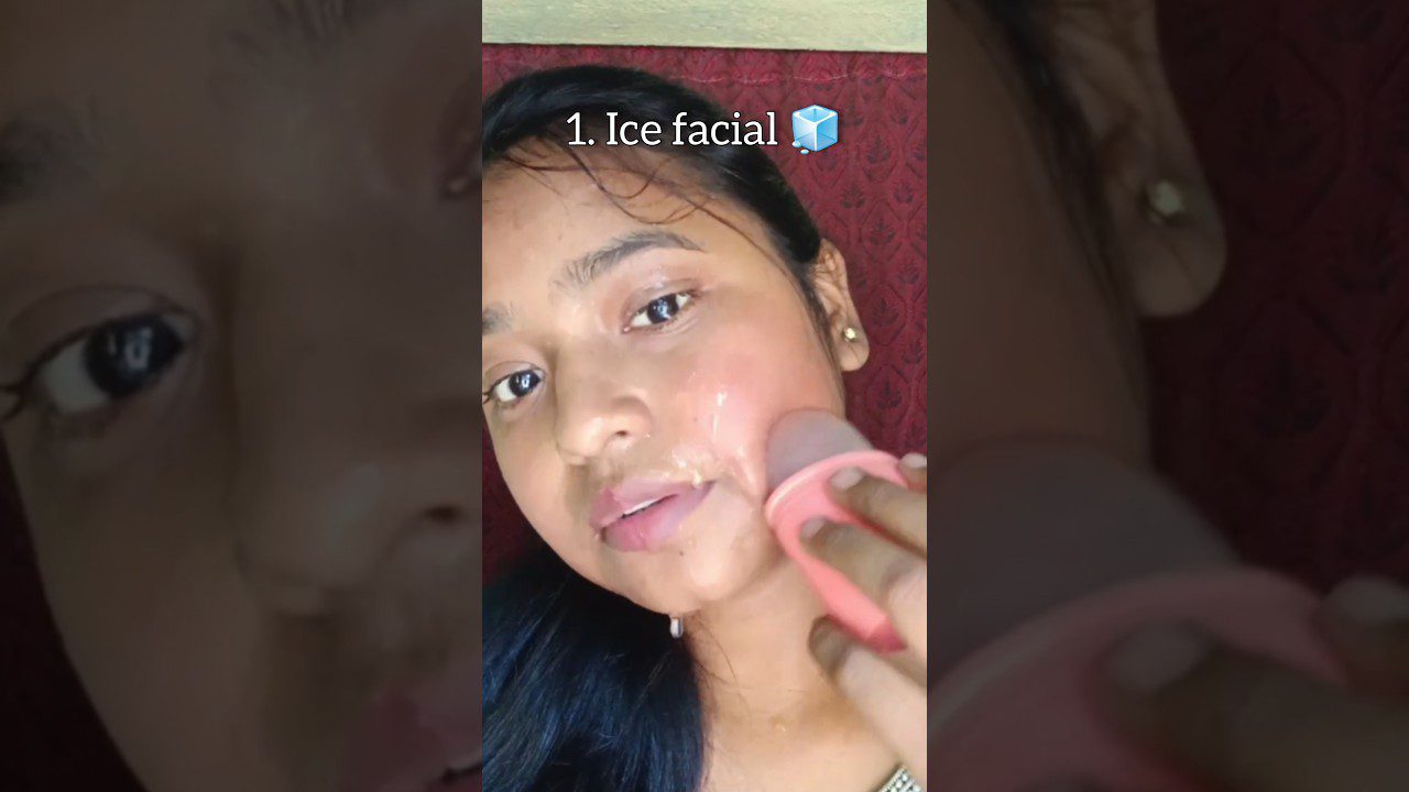 Moteris atlieka ledinį veido masažą silikoniniu aplikatoriumi, užrašas „Ice facial“.