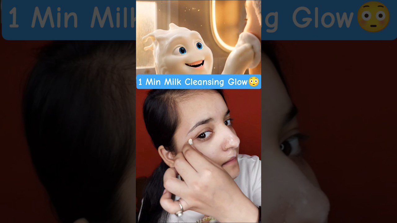 Mergina tepasi pieno valomąją kaukę ant veido, užrašas „1 Min Milk Cleansing Glow“