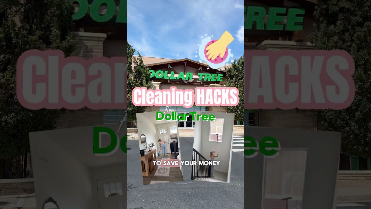 Dollar Tree parduotuvės fasadas ir tekstas „Cleaning HACKS“ virš namų interjero nuotraukų
