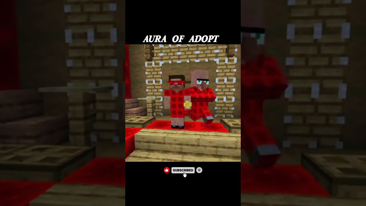 Du žaidimo Minecraft personažai raudonu kostiumu ant pakylos po užrašu "AURA OF ADOPT"