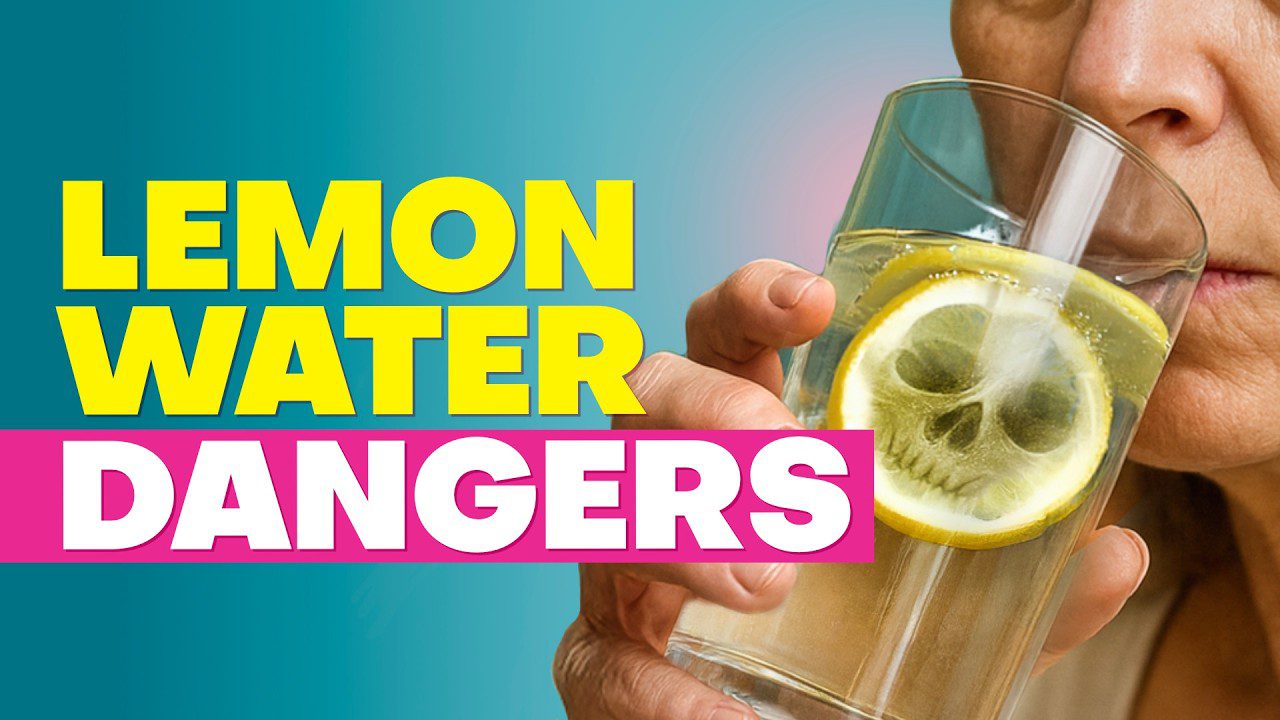 Žmogus geria stiklinę citrinų vandenį, citrinos riekėje pavaizduotas kaukolės kontūras ir užrašas „Lemon Water Dangers“.
