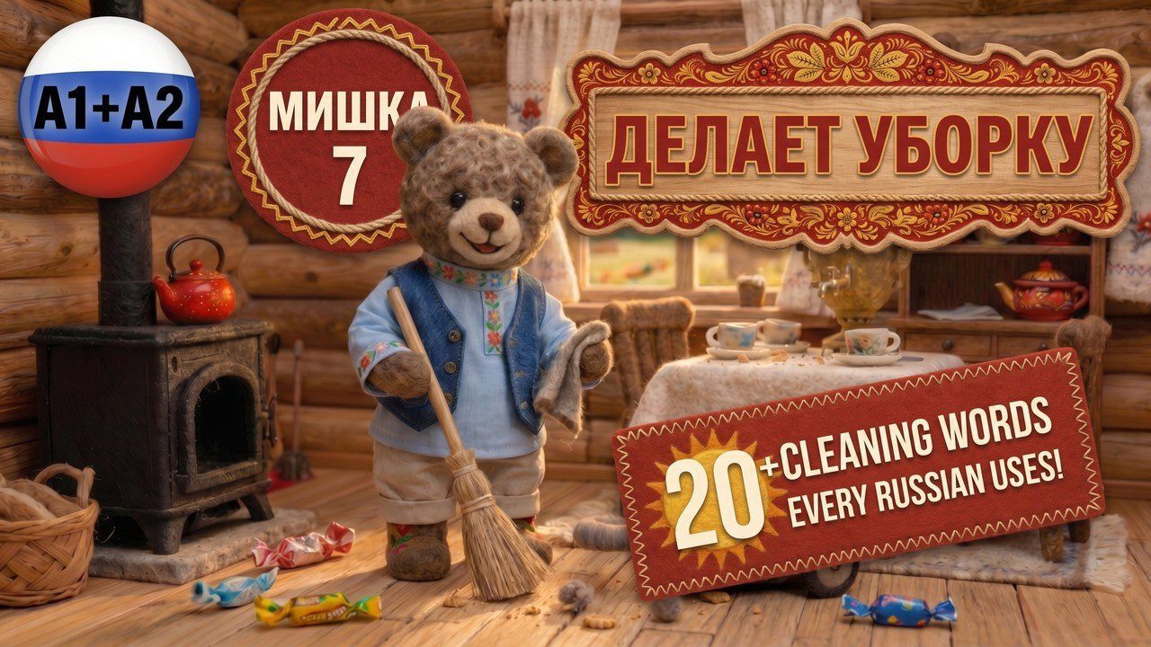 Meškiukas su šluota tradicinio rusų namelio viduje, matomas tekstas „Делает уборку“ ir „20+ cleaning words“