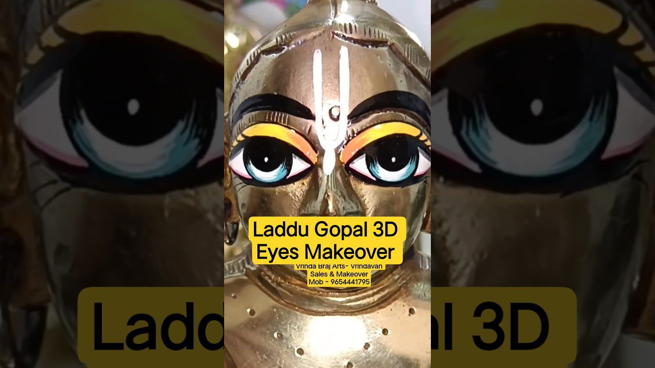 auksinė dievybės skulptūra su ryškiomis 3D mėlynomis ir geltonom akimis ir užrašu lietuviškai „Laddu Gopal 3D akių makiažas“