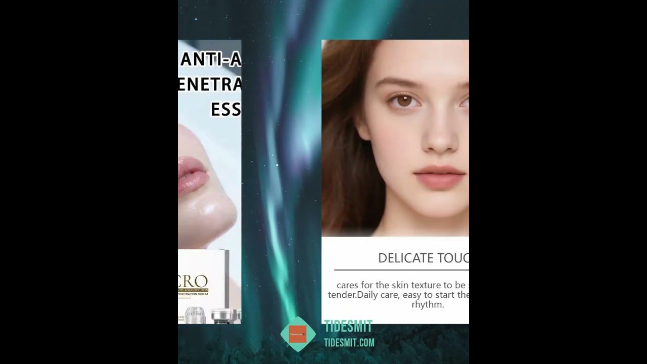 moteris su švaria oda ir subtiliu makiažu reklamos fone, matomas užrašas „Delicate Touch“