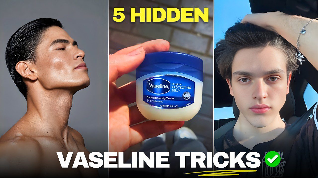 Vyrų veidai su Vaseline vazelinu viduryje ir užrašu „5 HIDDEN“ viršuje, „VASELINE TRICKS“ apačioje