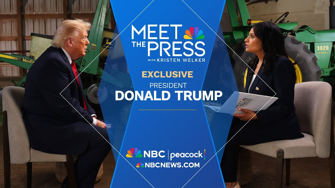 Interviu lauke tarp traktoriaus, pokalbis tarp vyro politiko ir žurnalistės, užrašas „Donald Trump“