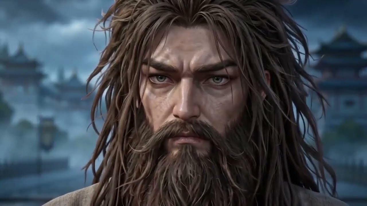 Ilgais plaukais ir barzda pasižymintis susimąstęs vyras prie senovinių pastatų fono