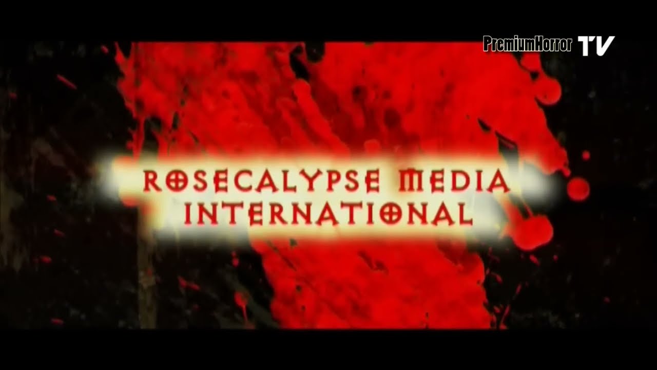 raudonas dėmių fonas su užrašu „Rosecalypse Media International“ centre, PremiumHorror TV logotipas viršuje dešinėje