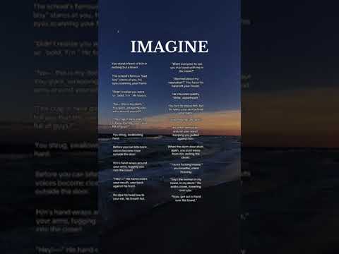 Didinimas virš jūros horizonto su eilėraščio žodžiais „IMAGINE“ viršuje.